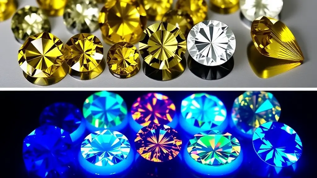 Fig 1. Different variants of natural diamonds luminescence under ultraviolet light